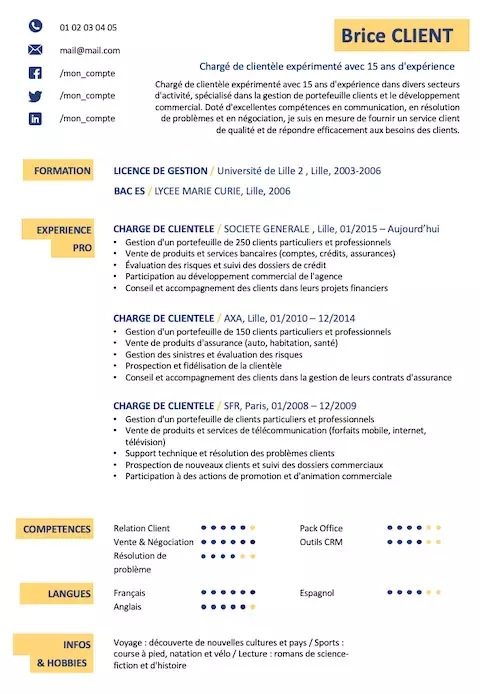 Exemple de CV gratuit Chargé de clientèle