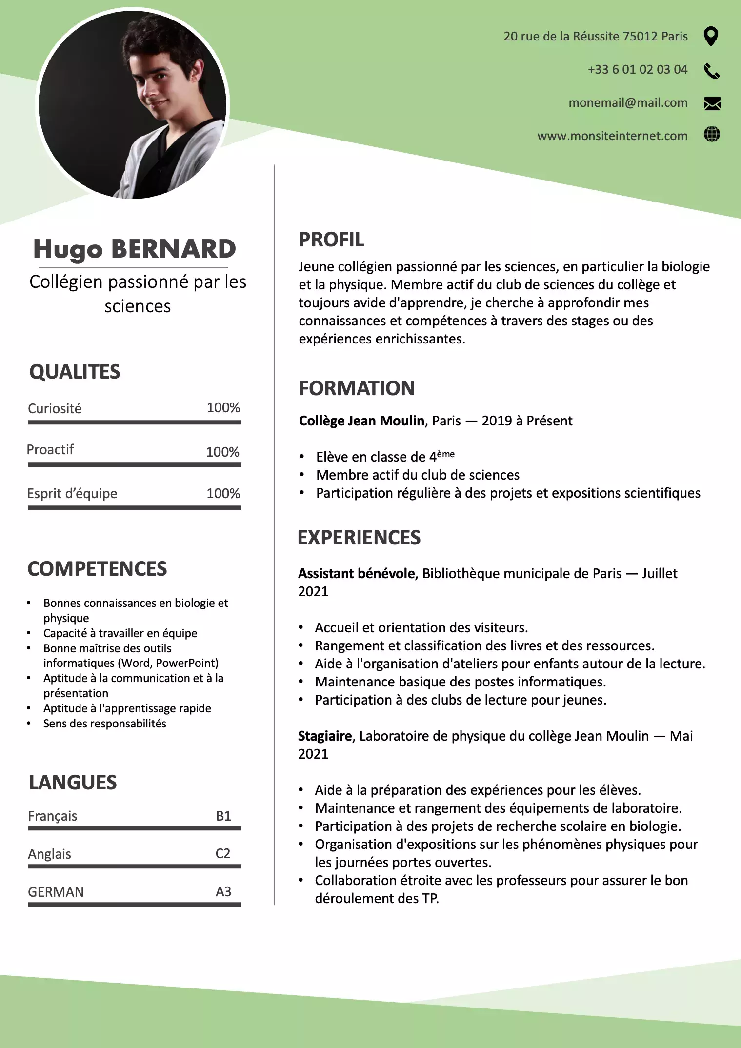 Exemple de CV gratuit Collégien
