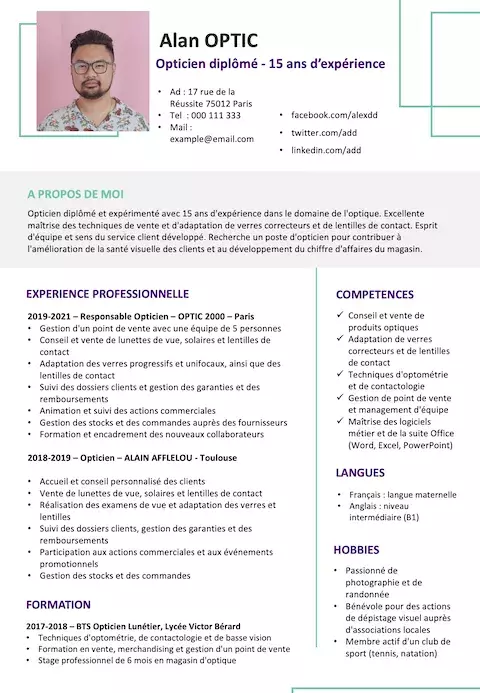 Exemple de CV gratuit Opticien - Lunetier